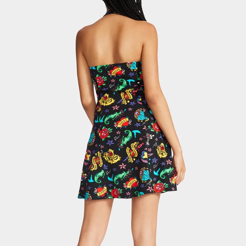 Betsey Johnson 80th Bash Tattoo Sweetheart Halter Trapeze Dress, Size XXL NWT - Picture 2 of 7